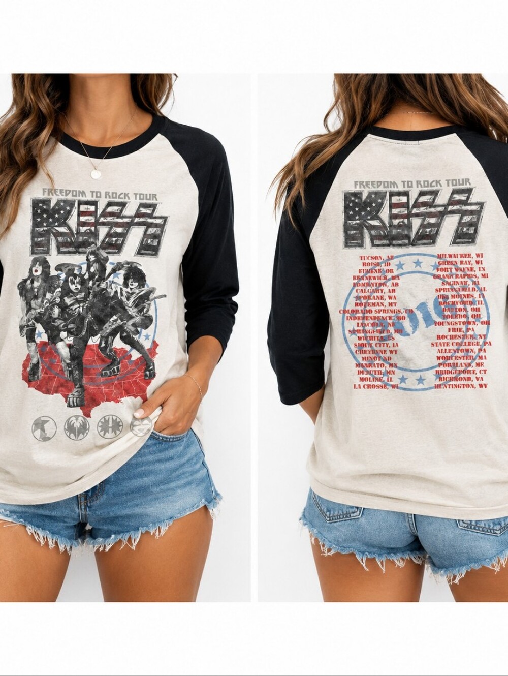 KISS Freedom to Rock Tour Raglan Band Tee Black White Medium
